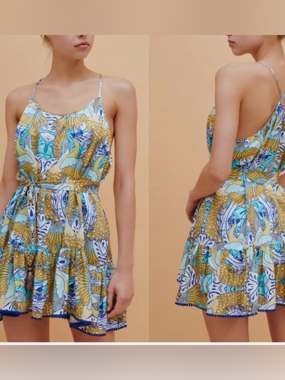 Paolita Phoenix Floral Ruffle Mini Dress, tassel tie waist Pom trim Small